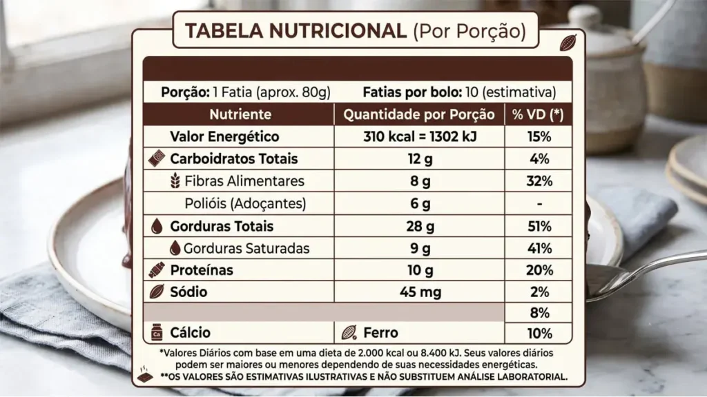 Tabela nutricional fatia bolo de chocolate para diabéticos