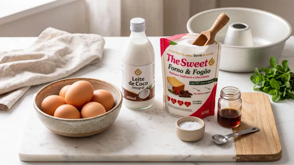 Ingredientes organizados em uma bancada para o preparo do pudim fit zero açúcar, mostrando ovos frescos, garrafa de leite de coco integral, pacote de adoçante natural à base de stévia e extrato de baunilha.