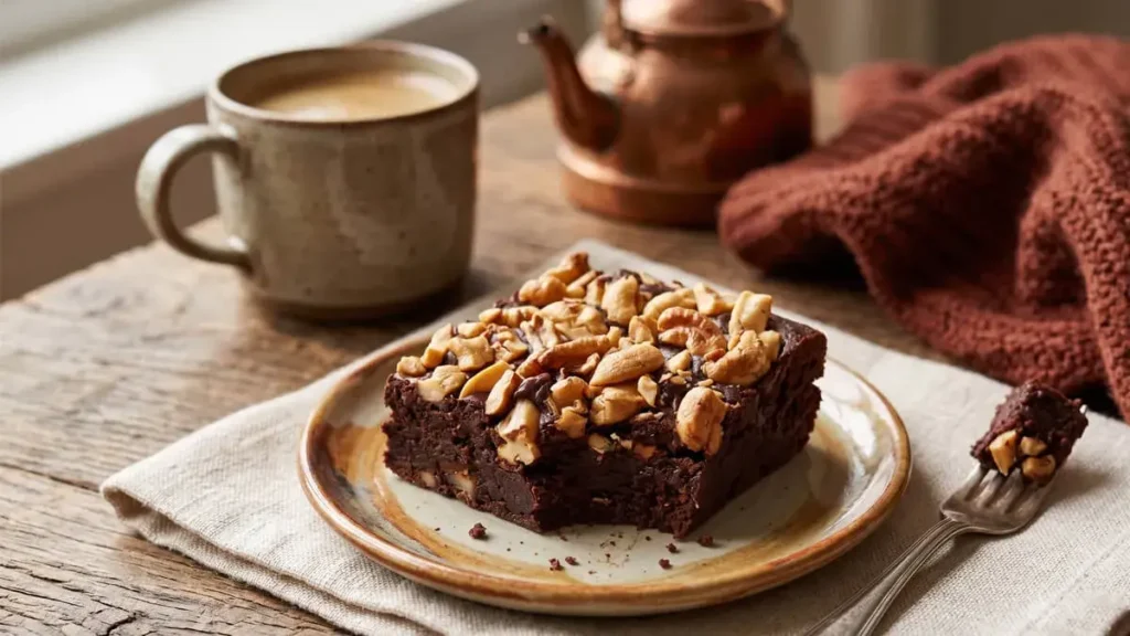 Quadrados de doce saudável de banana e cacau com castanhas em um prato)