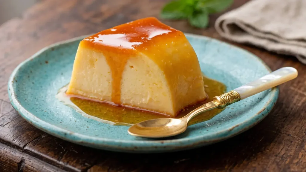 Fatia de pudim fit zero açúcar super cremoso com calda de caramelo escorrendo, servida em um prato azul rústico sobre uma mesa de madeira. Uma sobremesa saudável, fácil e sem leite condensado.