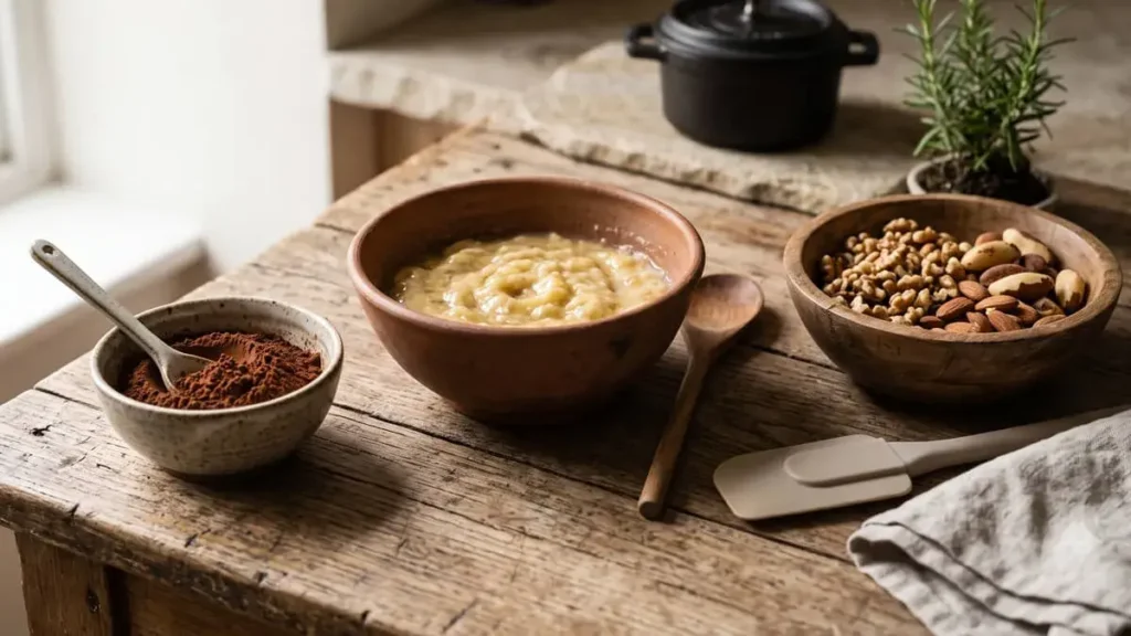 Ingredientes da receita: bananas maduras amassadas, cacau em pó e mix de castanhas em tigelas
