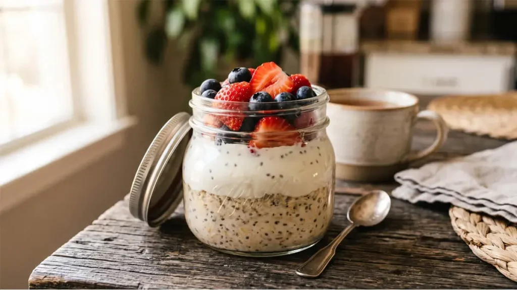 Pote de vidro transparente com Overnight Oats Proteico cremoso, sementes de chia e cobertura abundante de morangos e mirtilos frescos sobre uma mesa rústica de madeira com luz natural da manhã.