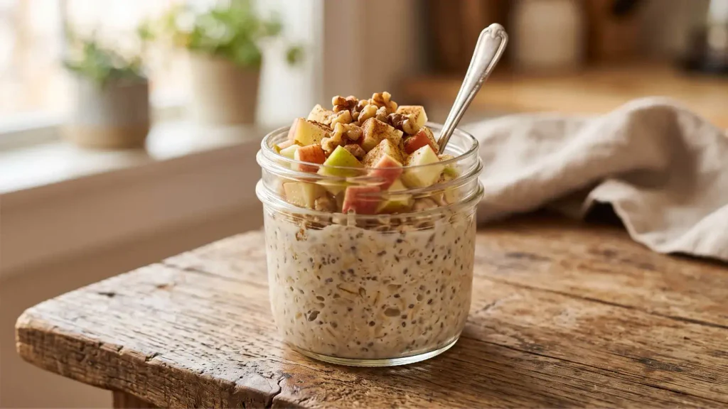 Close em pote de vidro com Overnight Oats Proteico sabor Torta de Maçã, coberto com cubos de maçã fresca, nozes crocantes e polvilhado com canela em pó, mostrando a colher inserida na mistura cremosa.