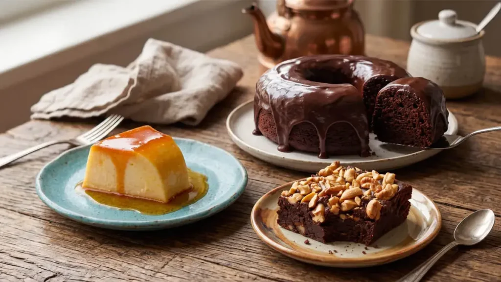 Três opções de sobremesas zero açúcar servidas em uma mesa de madeira: pudim cremoso, bolo de chocolate e doce saudável com castanhas.